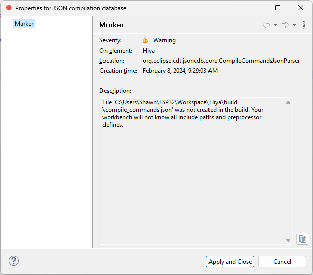 Properties for JSON compilation database.png